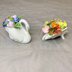 Vtg 50s 60s Royal Adderley Floral Bone China Swan & Wheelbarrow Figurines Lot